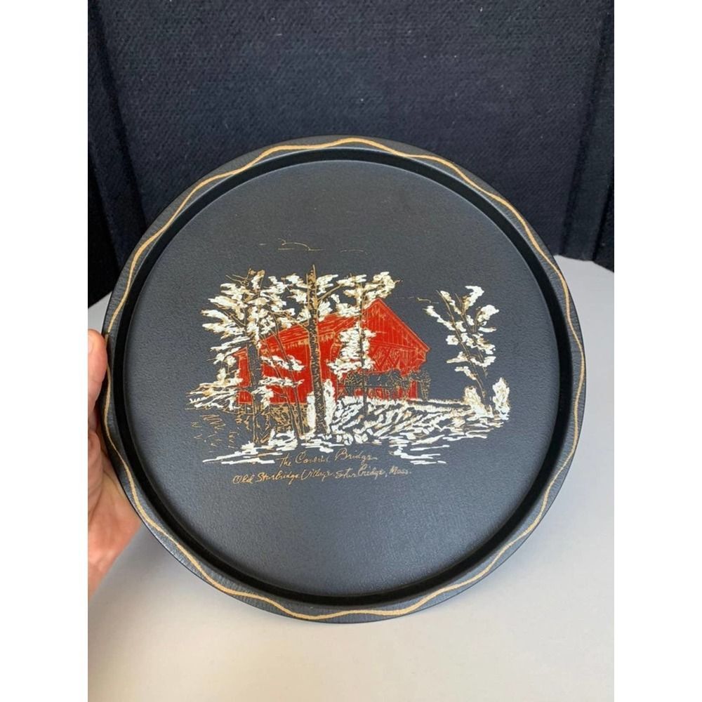 nashco hand painted tray Black Farm Red Barn Serving Dish Covered Bridge.  Old s
